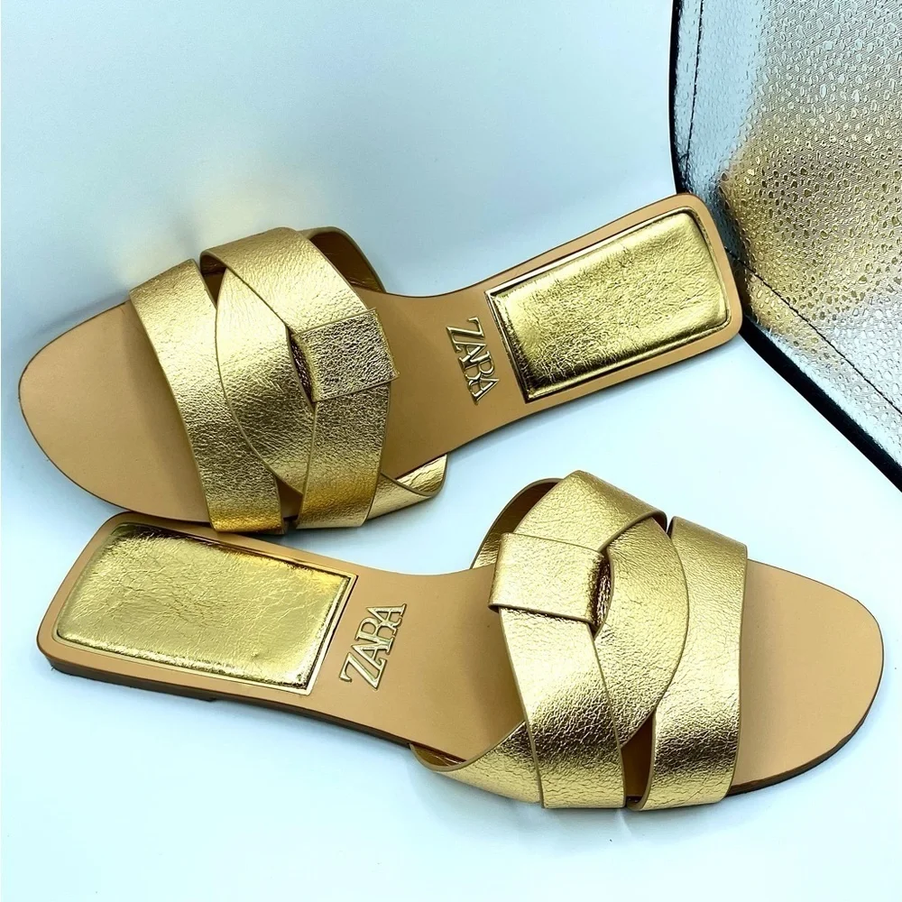Zara Metallic Gold Cross Strap Women's Sandals Size EU 39 US8 - Picture 8 of 13
